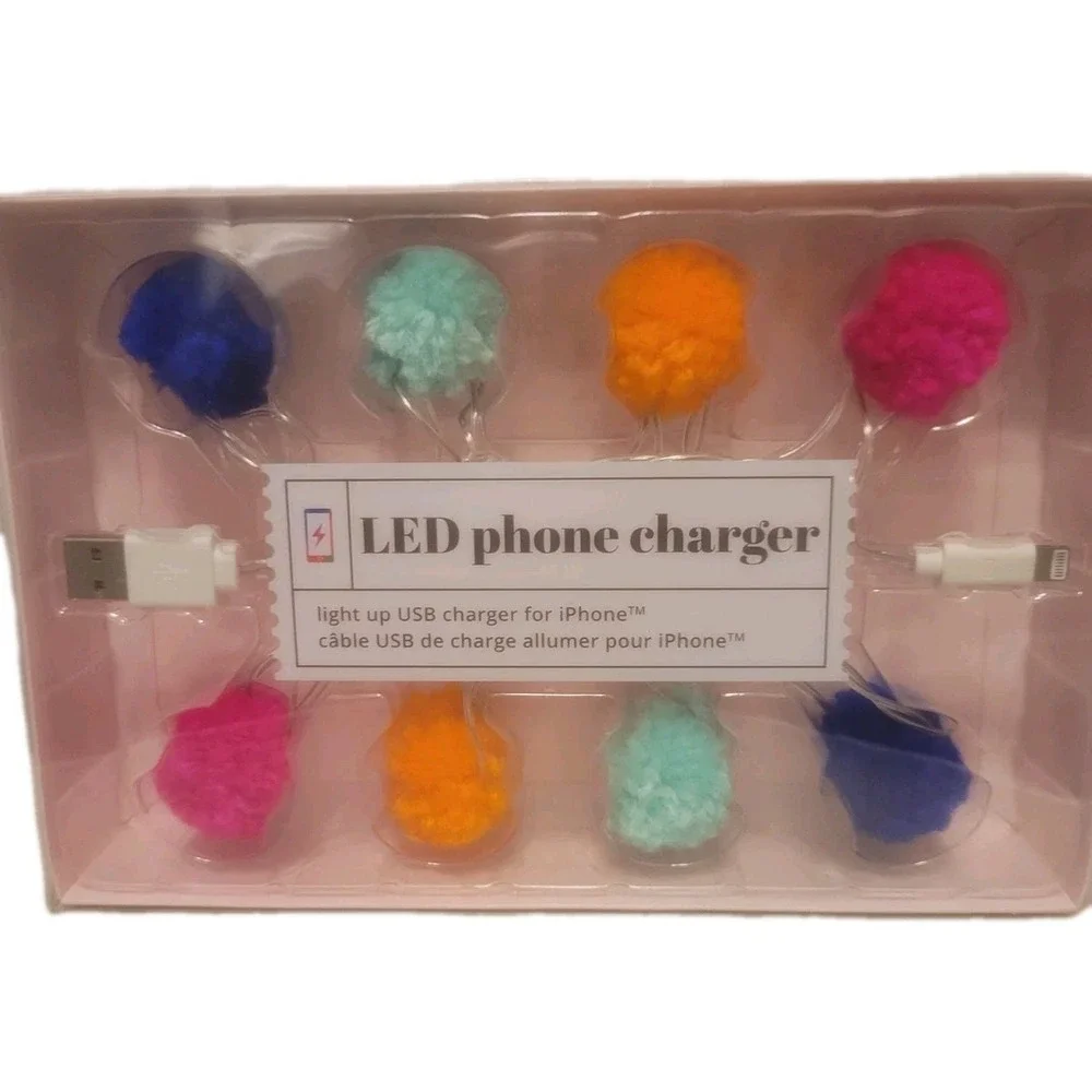 Led iPhone Charger Lights Up With Colored Pom Poms New In Box iPhone‎ 5,6,7